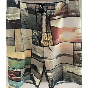 Men’s Board Shorts Size 34 Collage Ocean Canoe Fish